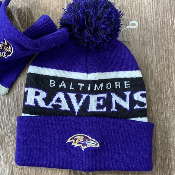 Baltimore Ravens New Knit Pom Beanie With Matching Gloves NFL 100% AUTHENTIC NWO - Picture 2 of 5